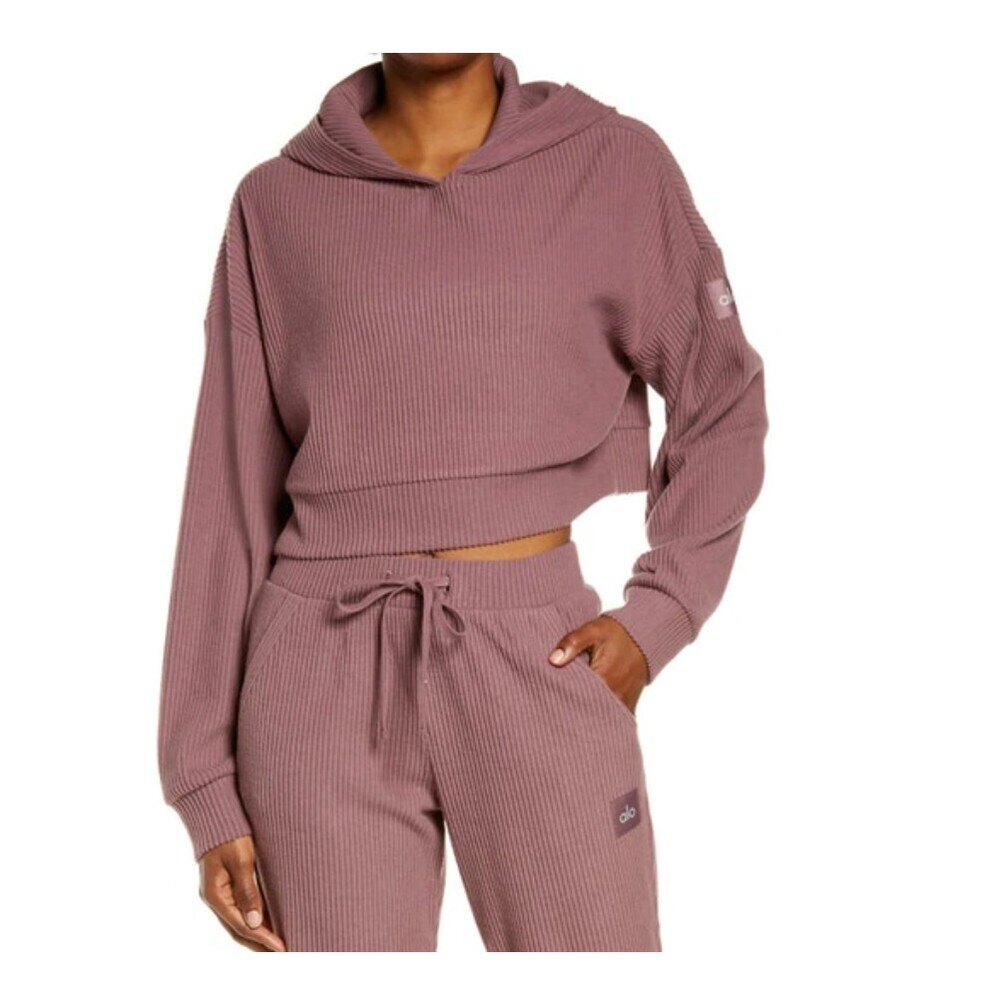 Alo Yoga Muse Ribbed Crop Hoodie In Woodrose Mauve Purple Size Small